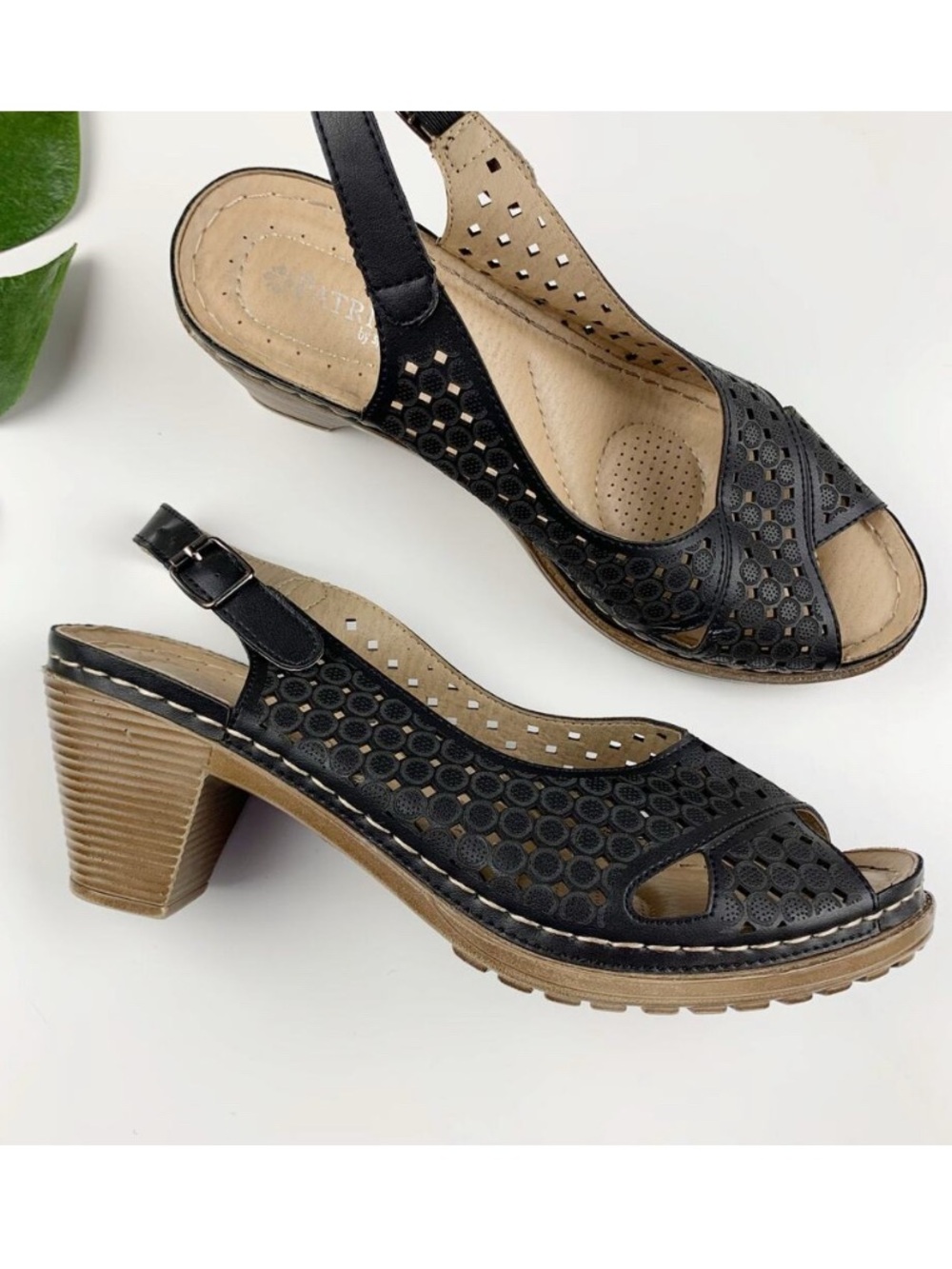 Spring Step Black Perforated Slingback Heeled Sandals